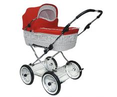 Eichhorn SEN-WW-K042-RFS-AIR Weidenkorbkinderwagen mit Lederriemengestell mit Schiebehöhenverstellung Korb Weide weiß, Luftrad, Stoff rot