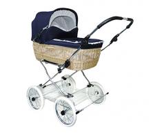 Eichhorn SEN-WN-K041-RFS-EVA Weidenkorbkinderwagen mit Lederriemengestell mit Schiebehöhenverstellung Korb Weide Natur, EVA-Rad, Stoff marineblau