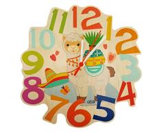Hess Holzspielzeug 10128468 Wanduhr aus Holz für Kinder, Lama, mit Quarzuhrwerk, ca. 24 cm, mehrfarbig, 280 g