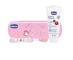 Chicco Oral Set inklusive Zahnbürste und Zahnpaste Erdbeere mit Flourid, rosa