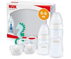 NUK First Choice+ Neugeborene Babyflaschen-Set | 0–6 Monate | 2 x First Choice+ Babyflaschen, 2 x Genius Silikon-Schnuller & Beißring | Anti-Colic-Ventil | BPA-frei | Herz (neutral) | 5 Stück