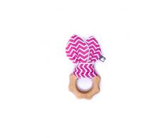 BB & Co Rassel Beißring aus Holz/Baumwolle Zig Zag rosa/weiß