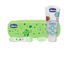 Chicco Oral Set inklusive Zahnbürste und Zahnpaste Erdbeere mit Flourid, grün