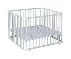Geuther - Laufgitter Lucilee +, TÜV geprüft, höhenverstellbarer Laufstall, faltbar, gepolsterter Boden, Teppichrollen, 90,2 x 97,4 cm, grau, Monster