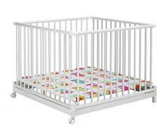 Geuther - Laufgitter Euro-Parc +, TÜV geprüft, höhenverstellbar, klappbar, geposlterter Boden, Schlupfsprossen, Teppichrollen, groß, 97 x 97 cm, weiß, Eule bunt 2