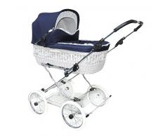 Eichhorn SEN-WW-K041-RFS-EVA Weidenkorbkinderwagen mit Lederriemengestell mit Schiebehöhenverstellung Korb Weide weiß, EVA-Rad, Stoff marineblau