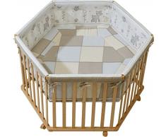 roba Laufgitter Tierfreunde, Laufstall 6-eckig, sicheres Spielgitter inkl. Schutzeinlage & Rollen, Baby Krabbelgitter, Holz natur