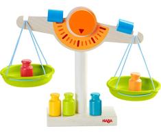 HABA 302639 - Kaufladen-Waage | Waage für Kaufmannsladen aus Holz mit zwei Waagschalen aus Kunststoff, 5 Messgewichten und 2 Ausgleichsgewichten | Spielzeug ab 3 Jahren