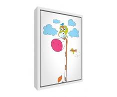 Feel Good Art eco-printed & gerahmt Kinderzimmer Leinwand, die Solide Weiß Holzrahmen ≪ Jess die Giraffe und Wally die Eule mit ihren Kopf in den Wolken ≫, mehrfarbig, 44 x 34 x 3 cm (mittel)