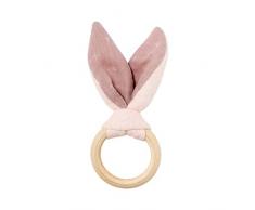 Nattou PURE Beißring Hase aus Holz und 100% Baumwolle, 14 x 7 x 2.5 cm, Rosa, 998239