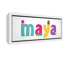 Little Helper Kunstdruck auf gerahmter Leinwand Holz weiß, Position personalisierbar mit Namen Mädchen Maya 25 x 63 x 3 cm mehrfarbig