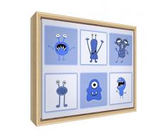 Feel Good Art eco-printed und gerahmt Kinderzimmer Leinwand mit Natur massiv Holzrahmen (34 x 24 x 3 cm, klein, blau, Monster)