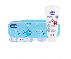 Chicco Oral Set inklusive Zahnbürste und Zahnpaste Erdbeere mit Flourid, blau