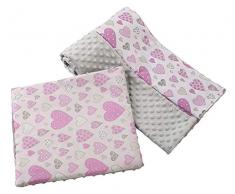 Babydecke Krabbeldecke mit Kissen 100% Baumwolle MINKY Kinderdecke groß zweiseitig 75x100 + 35x30cm multifunktional für Bett Kinderwagen Medi Partners (rosa Herzen mit grauen Minky)