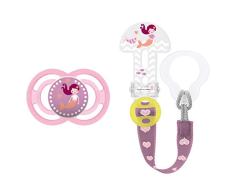 MAM Perfect Schnuller und Clip it! Schnullerband, Baby Schnuller beugt Zahnfehlstellungen vor, Schnullerhalter passend für Schnuller und Beißringe, 6-16 Monate, rosa