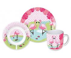 POS 28935 - Frühstücksset mit trendigem Flamingo Motiv, aus Porzellan, bestehend aus Teller, Schale und Tasse, mikrowellen- und spülmaschinengeeignet