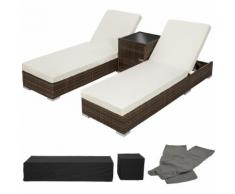 2 Sonnenliegen Rattan mit Aluminiumgestell und Tisch inkl. Schutzhülle braun - TECTAKE