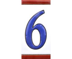 Hausnummer. Schilder mit Zahlen und Nummern auf Keramikkachel. Handgemalte Kordeltechnik fuer Schilder mit Namen, Adressen und Wegweisern. Design USA MEDIANO 10,9cm x 5,4 cm (Nummer SECHS6).