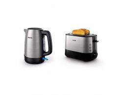 Philips HD9350/90 Wasserkocher (2200 Watt, 1.7 Liter, Edelstahl) [Energieklasse A+++] + HD2637/90 Toaster (7 Stufen, Brötchenaufsatz, Stopp-Taste, 1000 W) schwarz/edelstahl