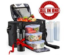 Lunchtasche/Box für Männer, Frauen + 3 große Lebensmittelbehälter (45 oz) + 2 große wiederverwendbare Kühlakkus + Schultergurt + Shaker mit Aufbewahrung. Isolierte Lunchbox Kühltasche Portionskontroll-Set für Erwachsene