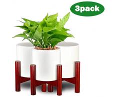 Blumentöpfe mit Ständer, kleine Sukcluent Blumentöpfe mit Trinkwasser mit Holzhalter, für den Innenbereich, Keramik-Topf mit verstellbarem, modernem, braunem Halter, für den Außenbereich, Weiß, Kaktus, 3 Stück