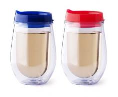 bev2go Doppelwand isoliert 10 oz Tumbler ohne Stiel Wein Glas mit Deckel 2 Stück blau / rot