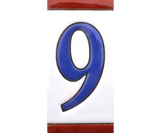 Hausnummer. Schilder mit Zahlen und Nummern auf Keramikkachel. Handgemalte Kordeltechnik fuer Schilder mit Namen, Adressen und Wegweisern. Design USA MEDIANO 10,9cm x 5,4 cm (Nummer NEUN9).