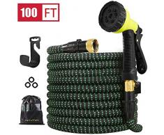 HiYuToy Gartenschlauch, 30 m, erweiterbar, robust, flexibel, auslaufsicher, 10 Muster, Hochdruck-Wasserspritzdüse & Tasche & Kunststoffhalterung, kein Knicken, kein Verheddern