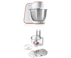 Bosch StartLine MUM54I00 Küchenmaschine (900 W, 3, 9 L, edelstahl-Rührschüssel, einfaches Handling /Verstaulösung) impulsive orange/weiß + MUZ5MM1 Multimixer, weiß/transparend