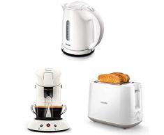 Philips HD4646/00 Serie Wasserkocher (1,5 Liter, 2400 Watt, Anti-Kalk) + HD2581/00 Toaster, integrierter Brötchenaufsatz, 8 Bräunungsstufen + HD6554/10 Senseo Kaffeepadmaschine (weiß)