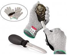 Rockland Kochtopfset Guard Oyster Shucking Set, High Performance Level 5 Schutz Lebensmittelqualität Schnittfest Handschuhe mit 8,9 cm Edelstahl Oyster Messer, perfekt Set für Shucking Austern XL Light Grey gloves, Black Grip