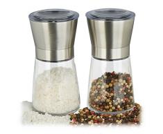 Relaxdays Pfeffermühle 2er Set, manuell, Glas, Edelstahl, hochwertig, Gewürzmühle, verstellbares Keramikmahlwerk, silber