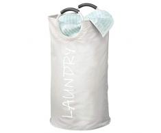 mDesign Wäschesammler – schmaler Wäschesack aus beschichtetem Polyester mit Aluminiumgriffen – faltbarer Wäschesortierer mit modernem Aufdruck – hellgrau und weiß