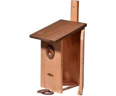dobar 22415e Nistkasten für Vögel, aus Holz (Kiefer, Massivholz), für Garten, Balkon, Wand, 3 variable Einfluglöcher, mit Beobachtungsmöglichkeit, Farbe: Braun - Nisthilfe Vogelhaus