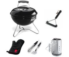 Weber 1111004 Smokey Joe Original, 37 cm, Holzkohlegrill schwarz + Grillbürste + Anzündkamin + Grillbesteck + Grillhandschuhe
