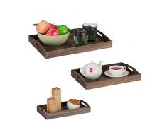 Relaxdays Serviertablett im 3er Set, Shabby Chic, Holztablett mit Griffen & Rand, zum Servieren oder Dekorieren, braun