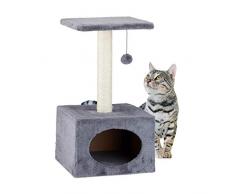 Relaxdays Kratzbaum, Kletterbaum mit Katzenhöhle, Sisalstange und Spielball, Plüschbezug, HBT 56x31x31 cm, grau
