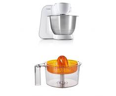 Bosch MUM54270DE Küchenmaschine (900 W, 3,9 l, edelstahlrührschüssel, Würfelschneider) weiß/silber + MUZ5ZP1 Zitruspresse transparent mit orangem Presskegel
