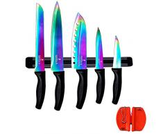 SiliSlick – Regenbogenmesser, Küchen-Starter-Set (5 professionelle Messermesser), inkl. Messerschärfer und magnetischer Wandaufhängung, Griff mit Messerhalter und Küchenbesteck Roter Griff, roter Griff