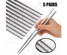 Premium wiederverwendbare Essstäbchen Set – Metall Edelstahl Essstäbchen und natürliches Holz Bambus Essstäbchen leicht zu verwenden Essstäbchen Utensilien 5 Pairs Stainless Steel