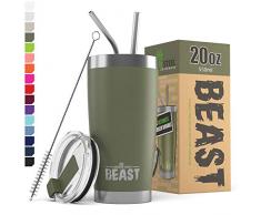 BEAST Edelstahl Becher Vakuumisolierte Tasse Kaffeebecher Doppelwandige Reiseflasche Thermobecher mit Spritzfestem Deckel, Paket mit 2 Strohhalmen, Rohrbürste & Geschenkbox (20oz, Militärgrün)