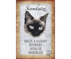 Schatzmix Katze steckbrief: Siamkatze - grazil & elegant, geschickt, gesellig, kinderlieb Metal Sign deko Schild Blech Garten