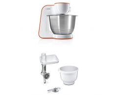 Bosch StartLine MUM54I00 Küchenmaschine, impulsive orange/weiß + MUZ5BS1 Lifestyle Set BakingSensation mit Spritzgebäckvorsatz, Rührschüssel, Fleischwolf, weiß
