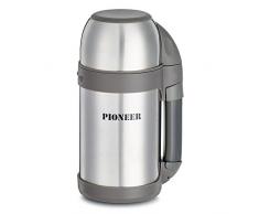 Pioneer Outdoor-Isolierflasche aus Hochwertigem Edelstahl mit Griff und Tasse 1,0 L Doppelwandig Auslaufsicher 8 Stunden Heiß oder Kühl BPA Frei - Gebürsteter Stahl