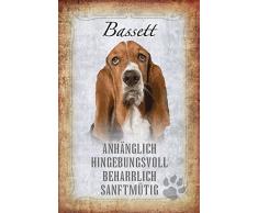 Schatzmix Hunde steckbrief: Bassett Hound - anhänglich, hingebungsvoll, beharrlich, sanftmütig Metal Sign deko Schild Blech Garten