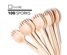 WoodU Einweg-Holz Spork, 6.5 Eco Friendly Geschirr, Besteck Biodegradable Kompostierbare Natur Birkenast Spork, Partybedarf Camping Bbq, Picknick, Birthday Parties (100er Pack) Go Green!
