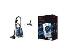 AEG VX8-3-FFP Staubsauger (mit Beutel, 650 W, nur 64 dB(A), 12 m Aktionsradius) blau & AEG GR201SM original s-bag classic long performance MegaPack, 12 Synthetik Staubsaugerbeutel, Passend u.a.