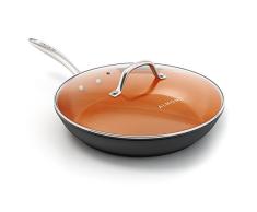 Aluminiumguss Keramik Kupfer Pfanne: Nicht Stick 30,5 cm-Pfanne mit Glas Deckel – rund Aluminium Sautépfanne für Gas, Elektro und Induktion Doppelschneide Ceranfeldschaber 12 Inch Dark Grey/Copper