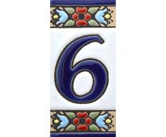 Hausnummer. Schilder mit Zahlen und Nummern auf Keramikkachel. Handgemalte Kordeltechnik fuer Schilder mit Namen, Adressen und Wegweisern. Design FLORES MINI 7,3 cm x 3,5 cm (Nummer SECHS6)