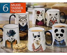 Signature Kaffeetassen aus Steingut, Hipster-Tier-Design, 6 Stück